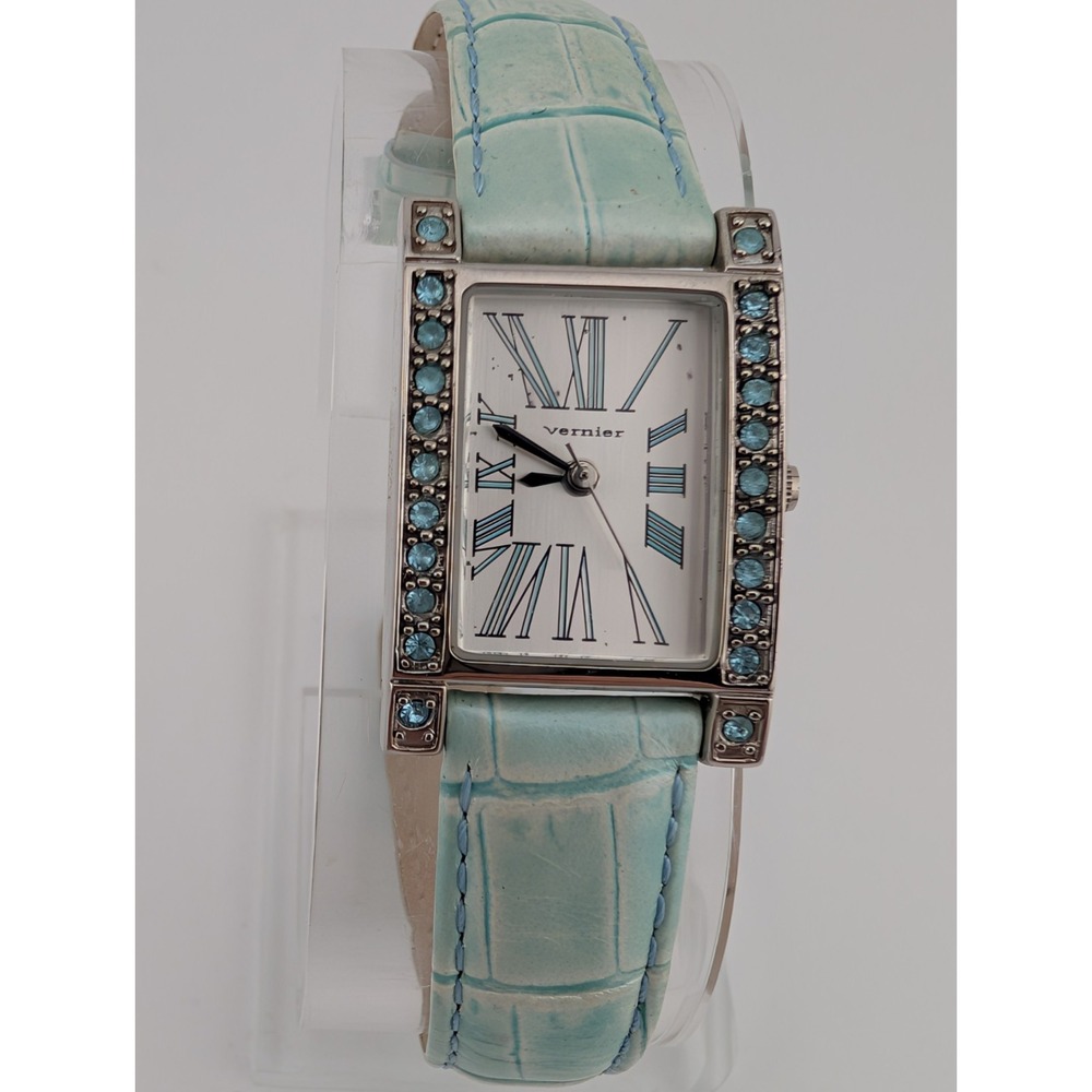 Vernier Tank Watch‎ Women 21mm Case Blue Pave Leather Band- New Battery